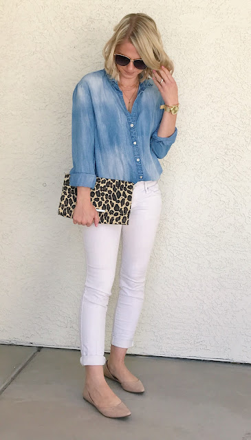 Chambray shirt with white jeans and a pop of leopard