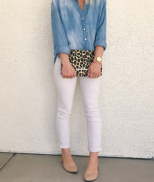 Chambray shirt with white jeans and a pop of leopard