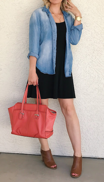 Chambray top over a black dress with a pop of color