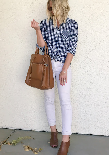 Gingham button down top with white jeans