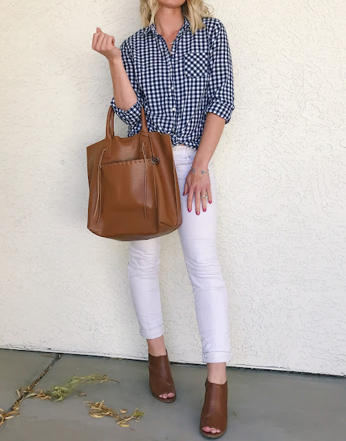 Gingham button down top with white jeans