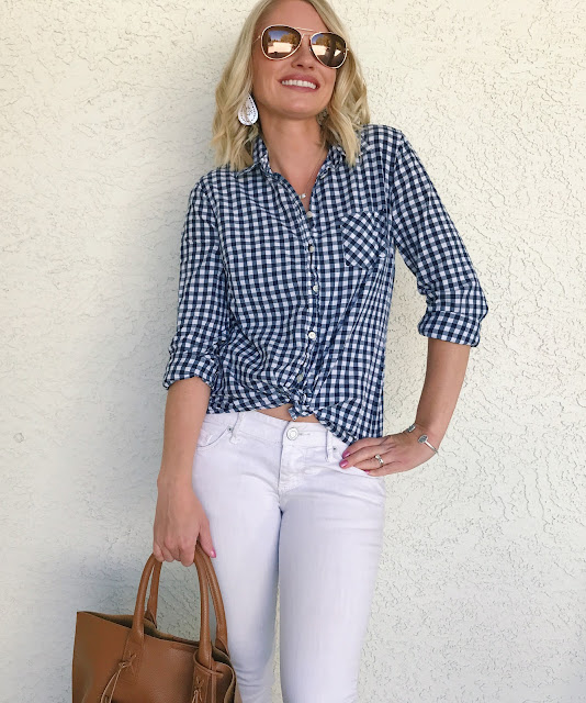 Gingham button down top with white jeans