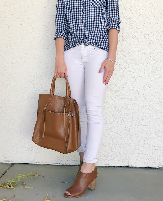 Gingham button down top with white jeans