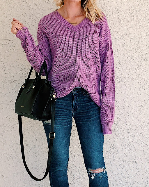 lavender sweater outfit