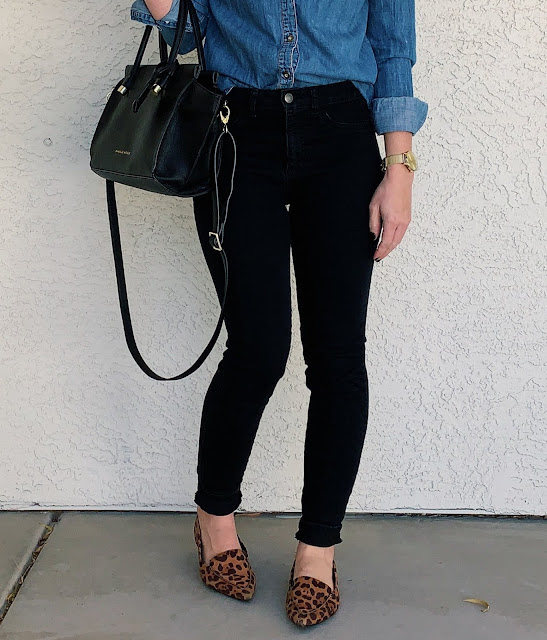 Black jeans, denim shirt and leopard print