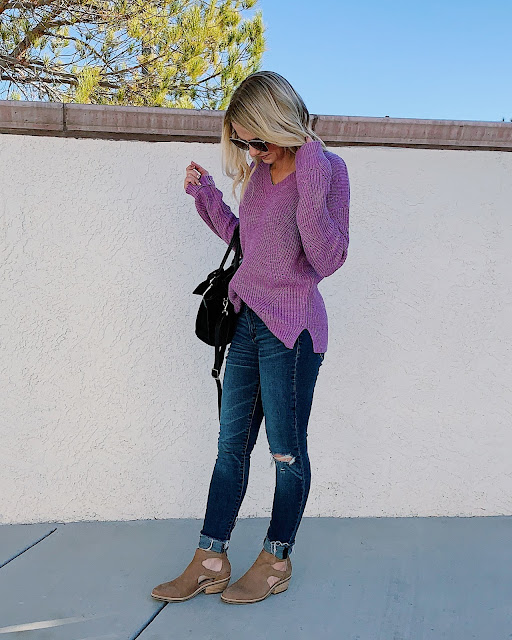 lavender sweater outfit
