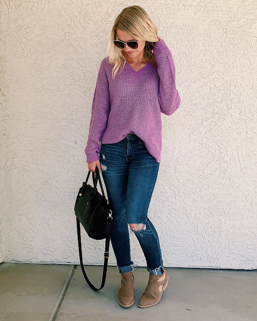 lavender sweater outfit