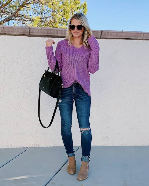 lavender sweater outfit