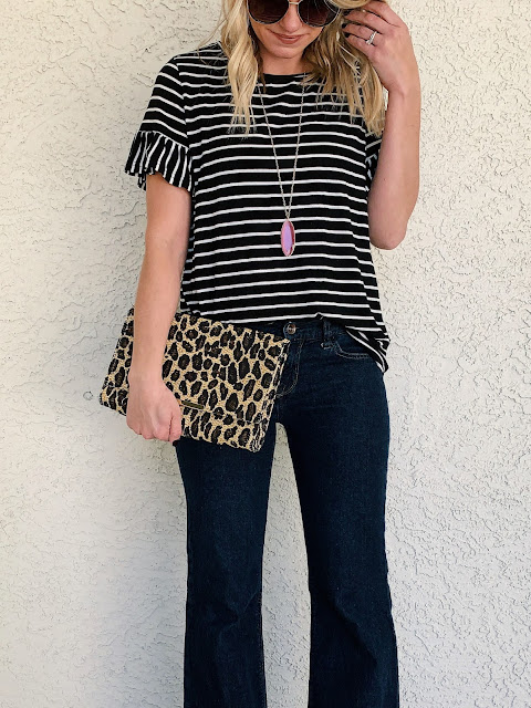 Striped ruffle top with flare jeans