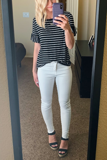 White jeans with a striped top