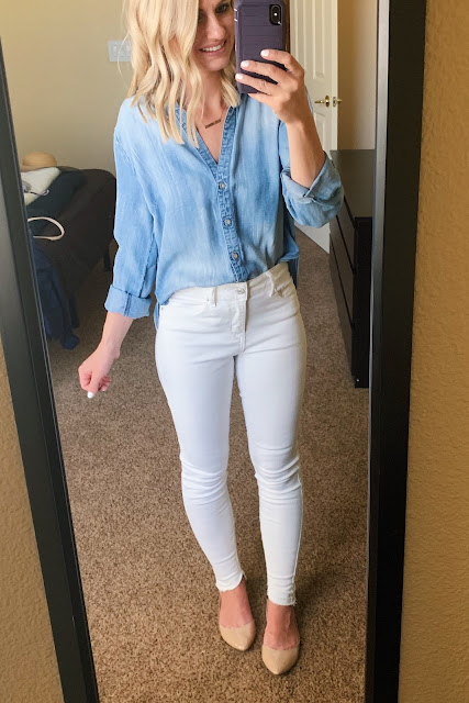 White jeans with a chambray shirt