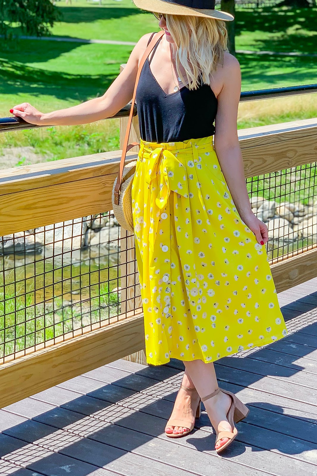 Yellow floral mid length skirt