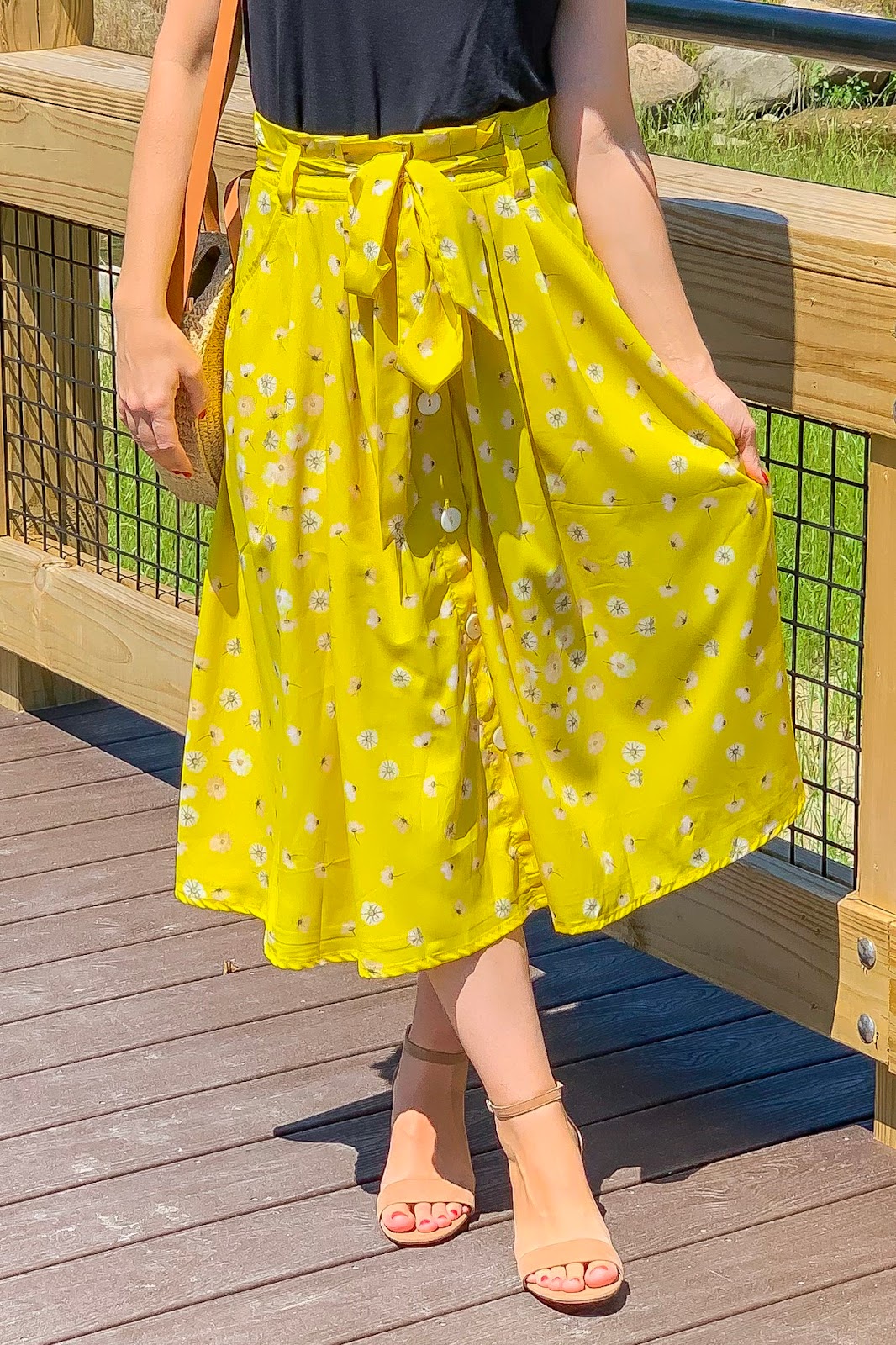 Yellow floral mid length skirt