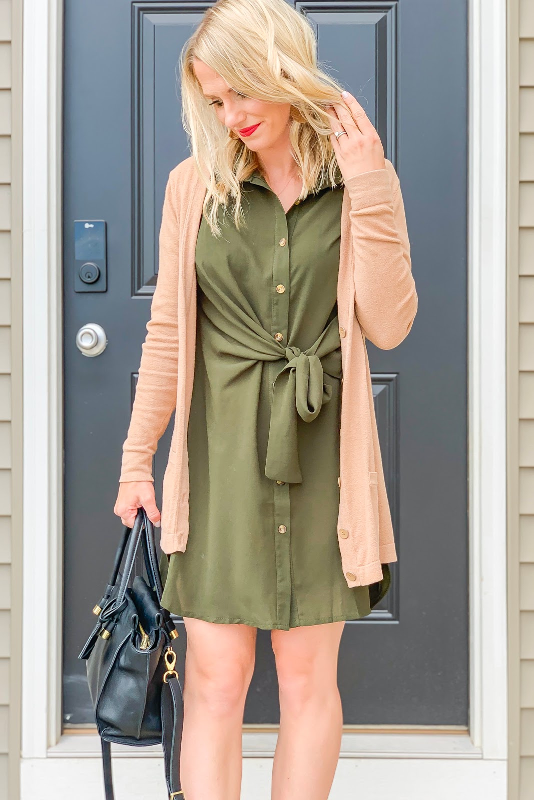 Green shirt dress from Amazon styled for fall