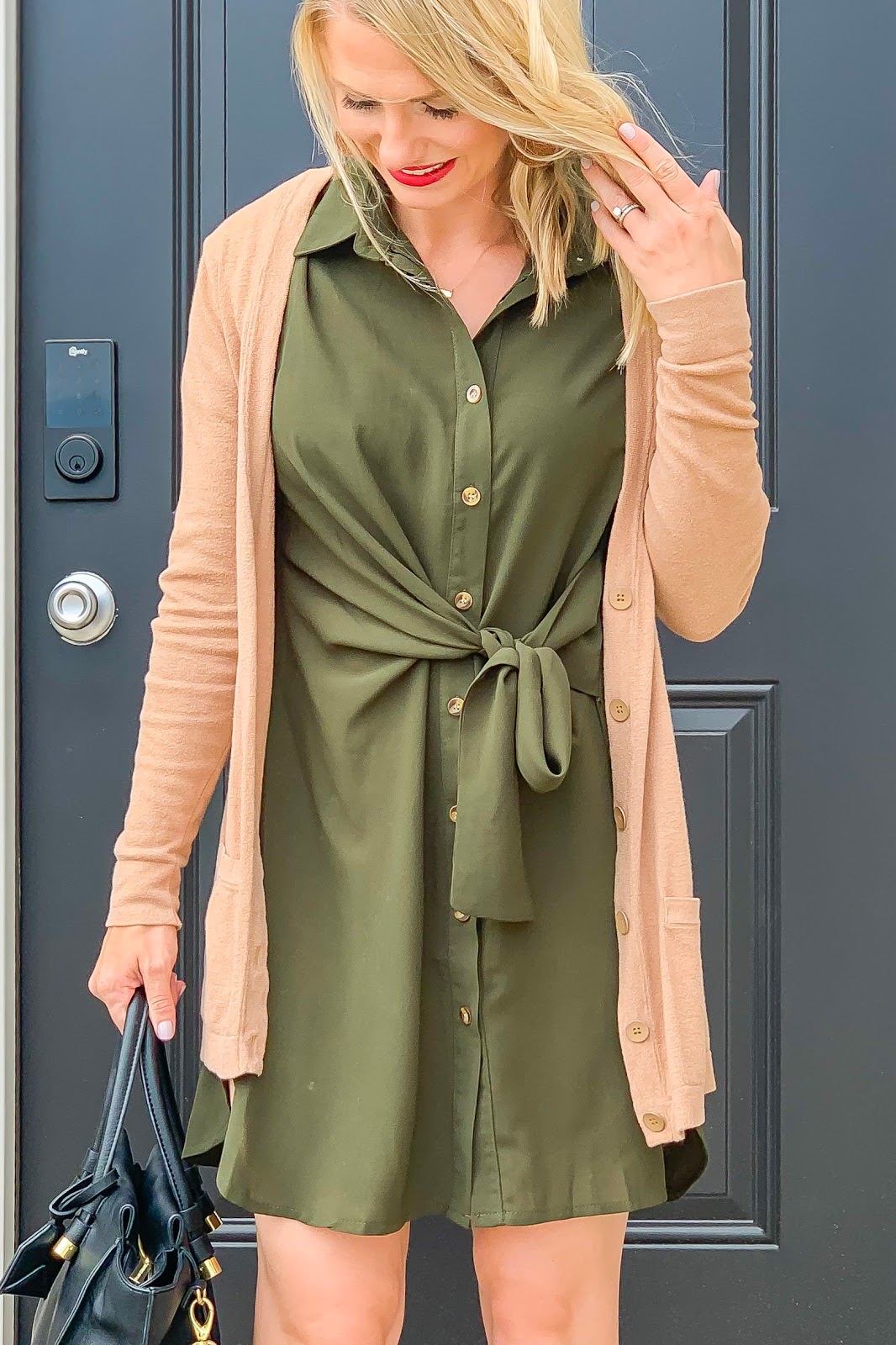 Green shirt dress from Amazon styled for fall