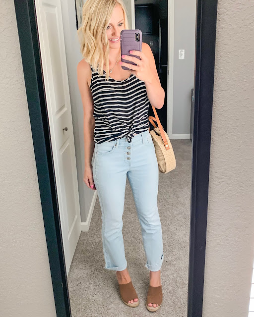 Black and white striped tank top with cropped flare jeans and espadrilles wedges