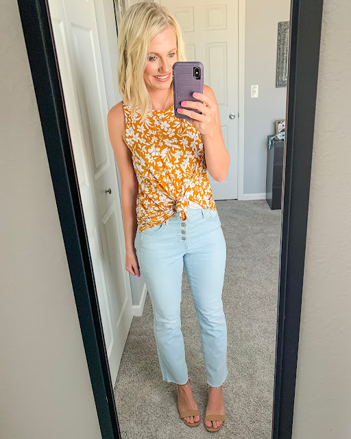 Gold tank top with flare cropped jeans and block sandals