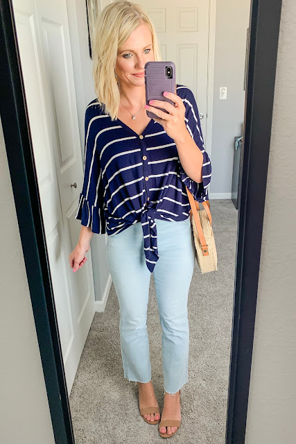 Button front striped top with cropped jeans and block sandals