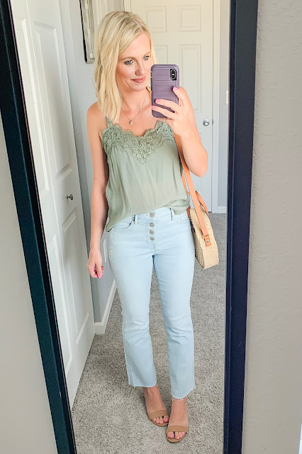 Green lace cami with cropped jeans and block sandals