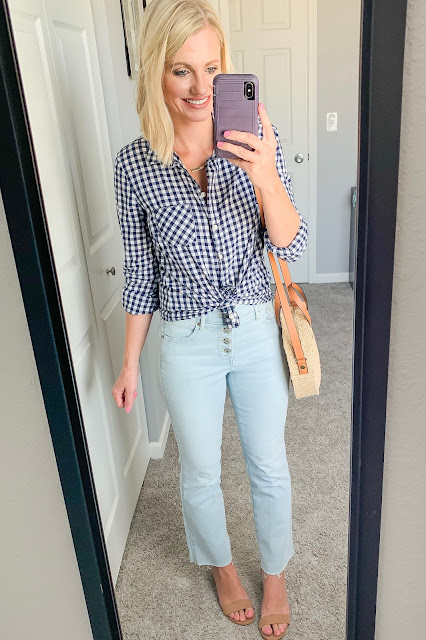 Gingham button down with cropped flare jeans and block heel sandals