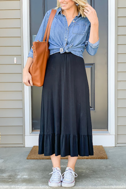Chambray top with black skirt