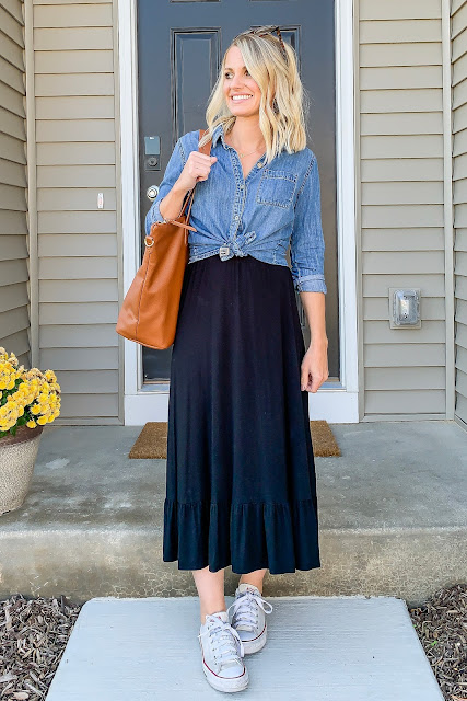 Chambray top with black skirt