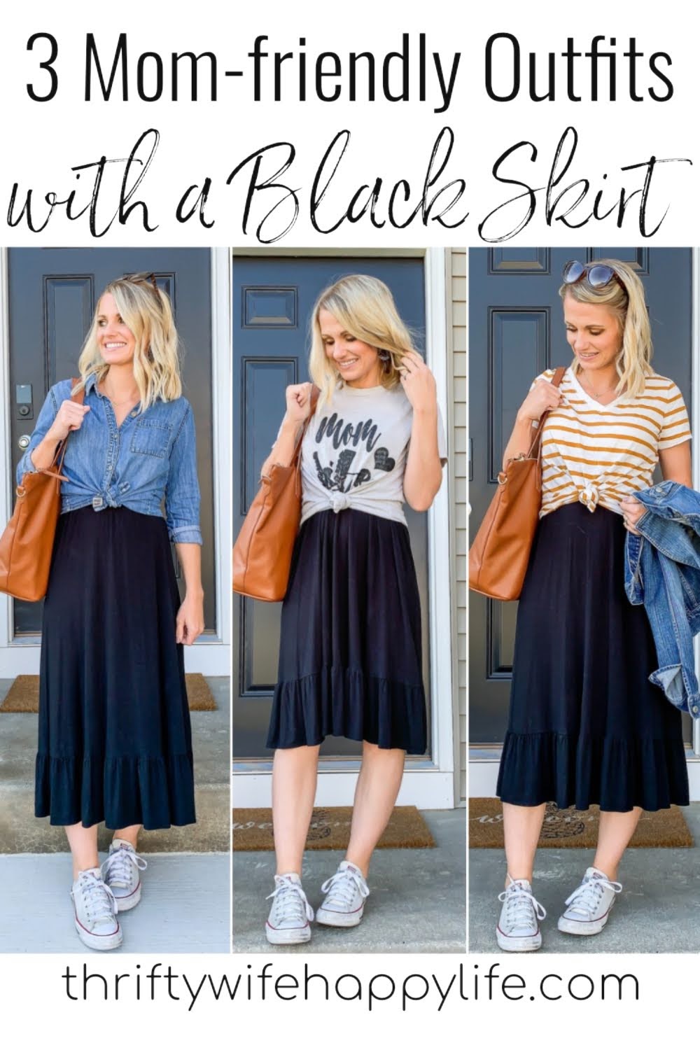 3 Mom-Friendly Outfits with a Black Skirt