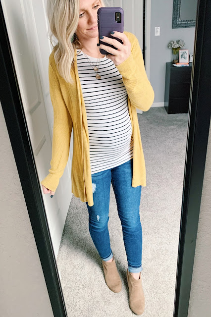 Yellow cardigan with striped shirt