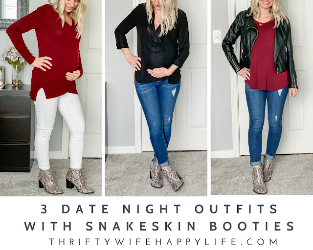Easy date night outfits wearing snakeskin booties