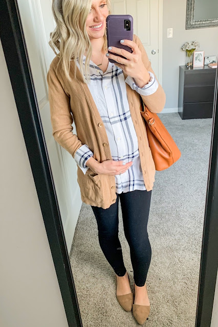 Button down shirt layered with a cardigan