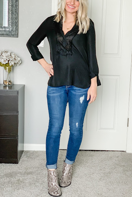 Date night outfit idea with snakeskin booties