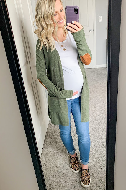 Maternity jean outfit with a green cardigan