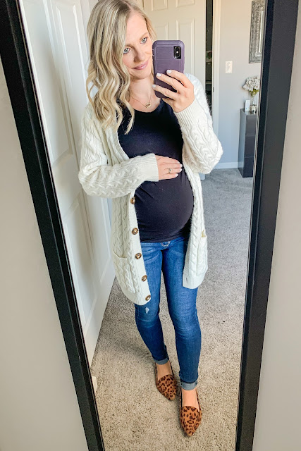 Maternity jean outfit with cable knit cardigan