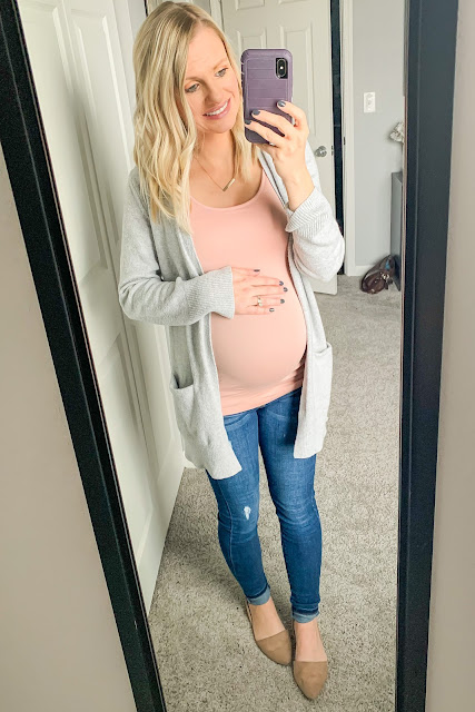 Maternity jeans with tank top and cardigan
