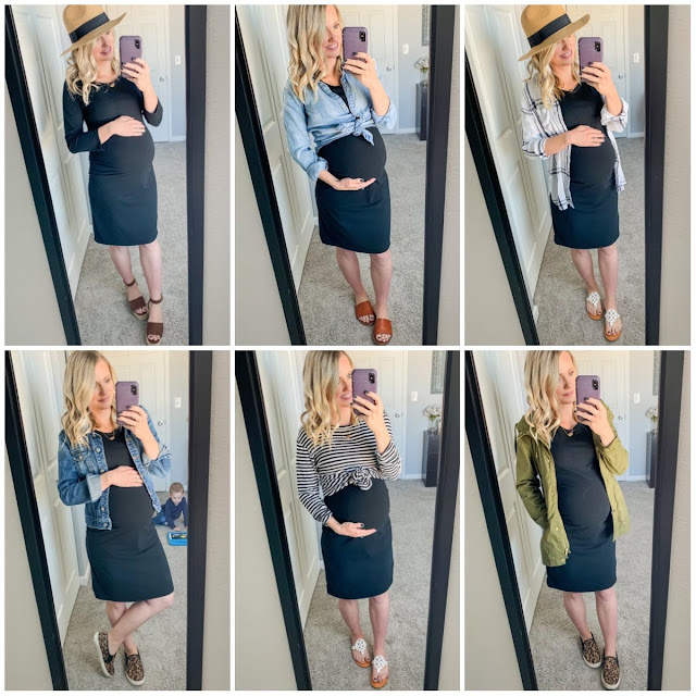 How to Style a Simple Black Fitted Maternity Dress - Thrifty Wife Happy ...