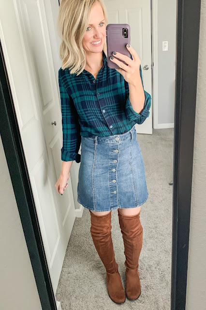 Thanksgiving outfit idea with plaid shirt and denim skirt