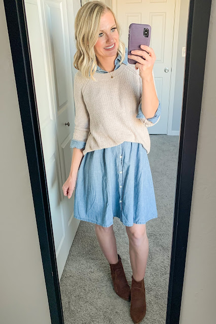 Thanksgiving outfit idea with denim dress and sweater