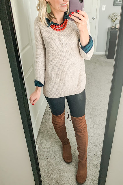 Layered sweater look with faux leather leggings