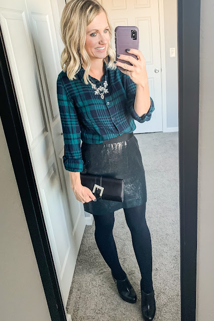 Green plaid shirt with sequin skirt