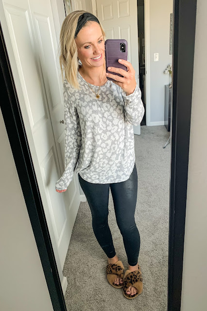 cozy, casual mom outfit with leopard top