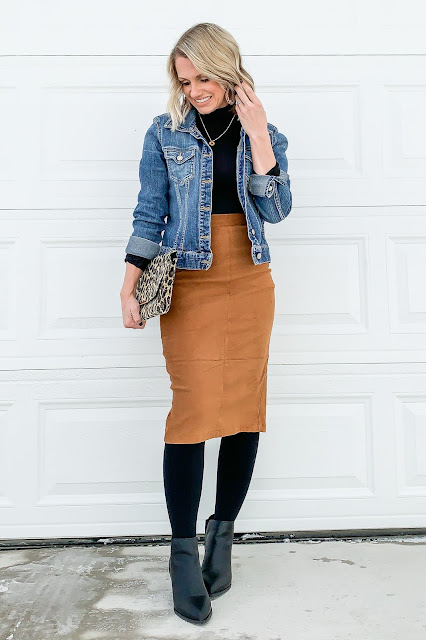 Faux suede skirt styled for winter