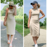 2 outfits wearing a fitted midi dress.