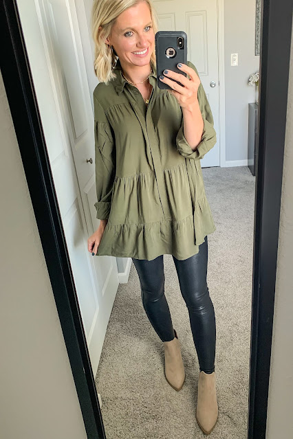 Green tunic top with faux leather leggings