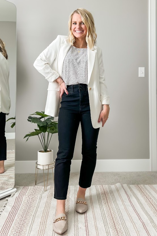 White blazer styled with black and white