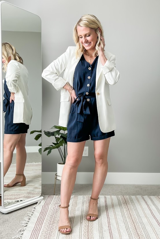 White blazer styled with a romper