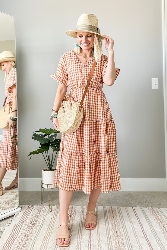 Turquoise with orange gingham dress