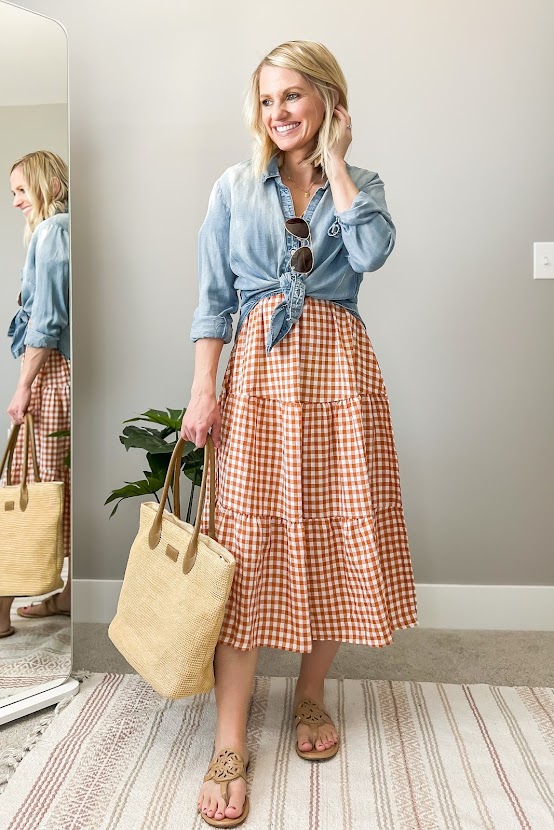 Chambray shirt over gingham dress