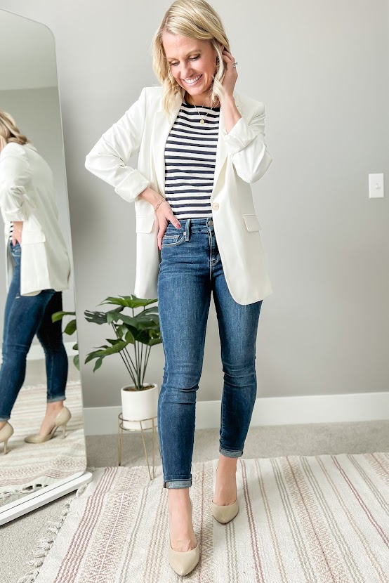 White blazer with Navy Stripes