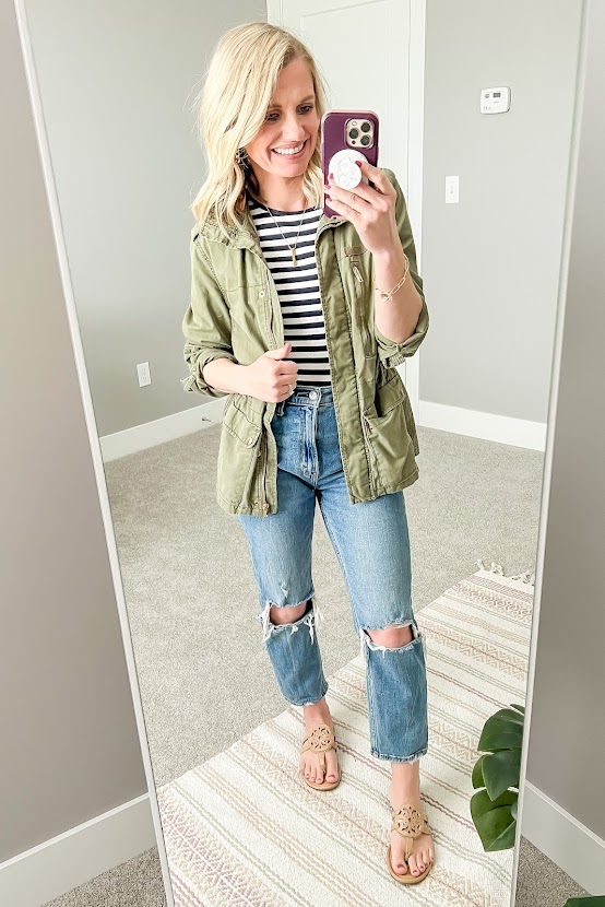 Mom outfit with jeans and a utility jacket
