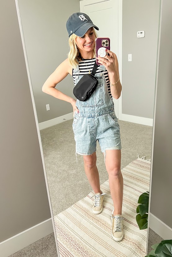 Short overalls with a striped tank top